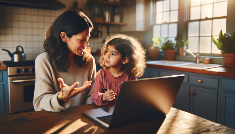 Mother explaining ChatGPT to her curious 6-year-old daughter at kitchen table