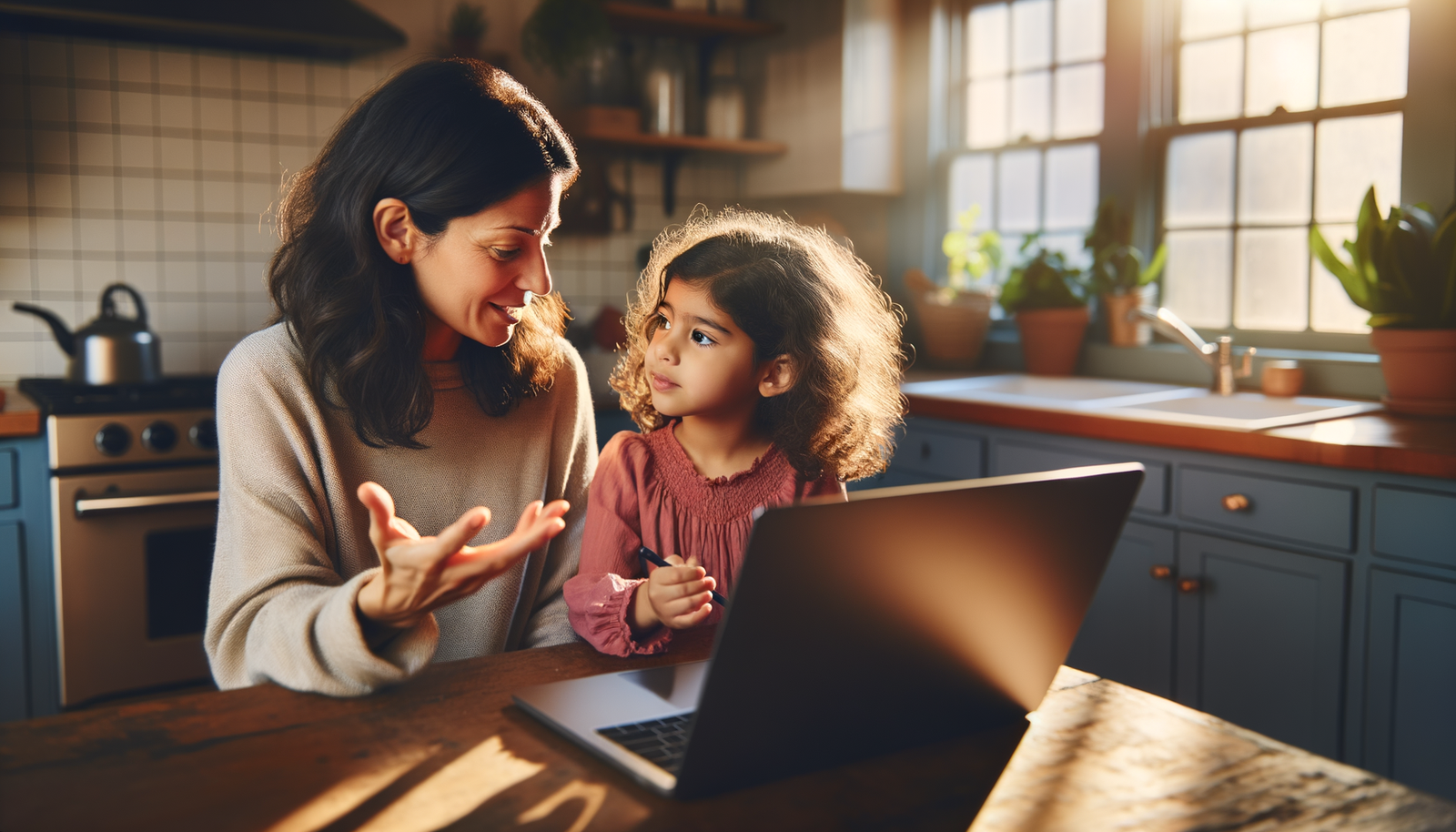 Mother explaining ChatGPT to her curious 6-year-old daughter at kitchen table
